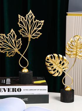 高端摆件家居饰品奢华高级感客厅现代简约金色铁艺树叶摆件客厅电