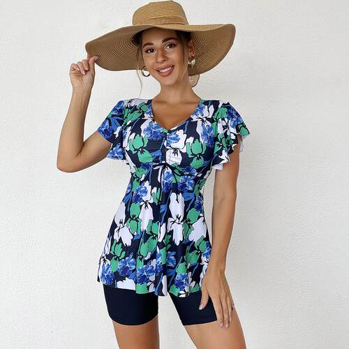 Skirt printed swimsuit women's belly covering flat corner