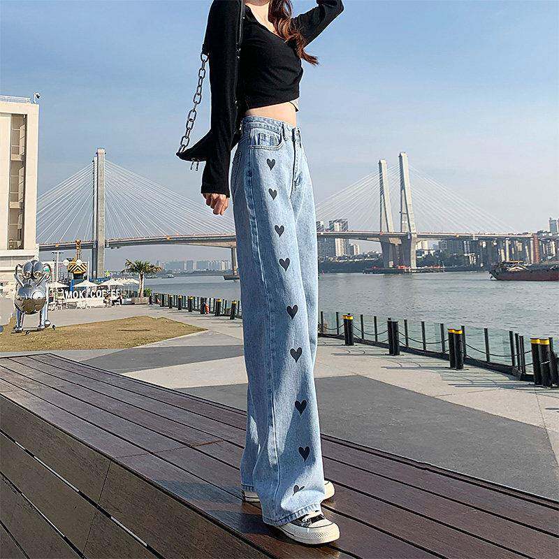 潮牌爱心牛仔裤女直筒宽松夏季chic港味高腰显瘦阔腿垂感拖地裤子