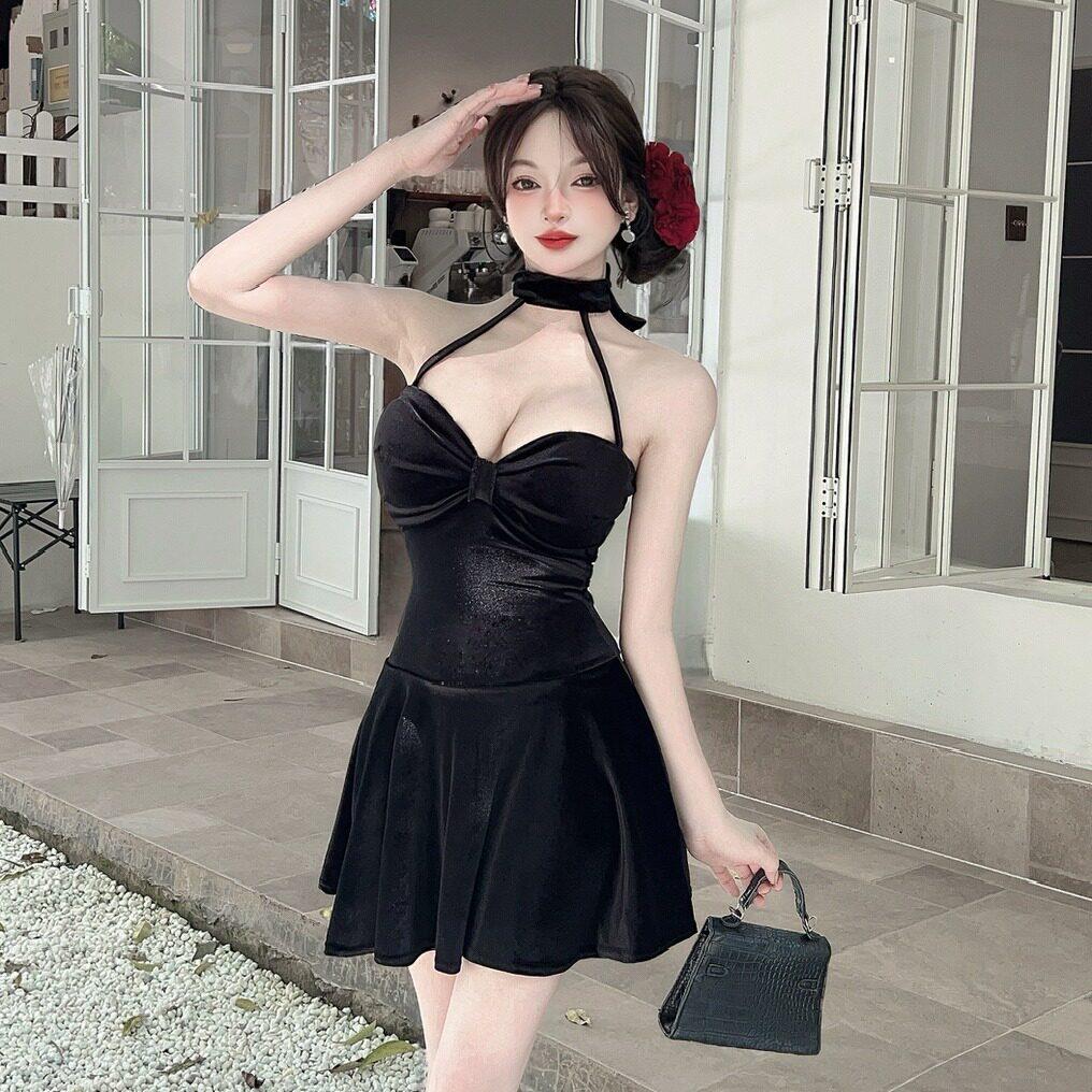 性感低胸丝绒挂脖吊带露背连衣裙生日宴会短款礼服裙夜场字短裙
