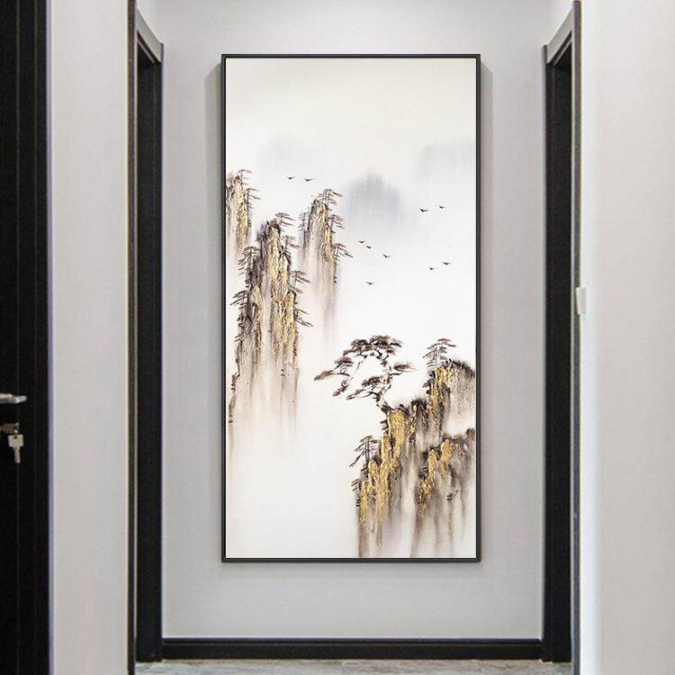 纯手绘新中式装饰画中国风现代客厅玄关山水油画迎客松挂画立体画