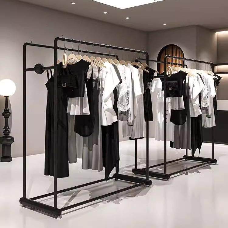 服装店中岛展示架女装童装店奶白色铁艺货架黑色双排挂衣服架落地
