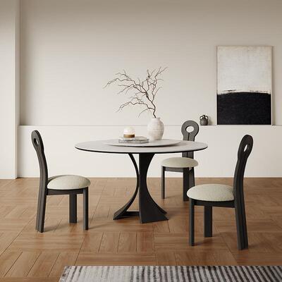 纯白德利丰岩板餐桌法式复古轻奢现代1.5米圆桌意式圆形实木餐桌