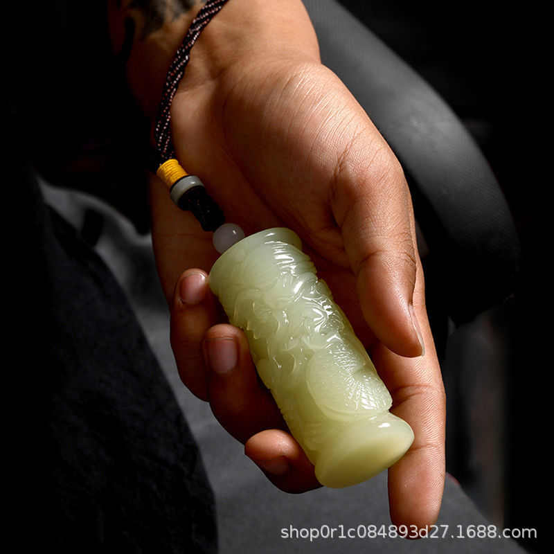 冰种阿富汗玉龙柱手把件男士盘龙柱辈辈福青白玉手玩件把玩件把玩