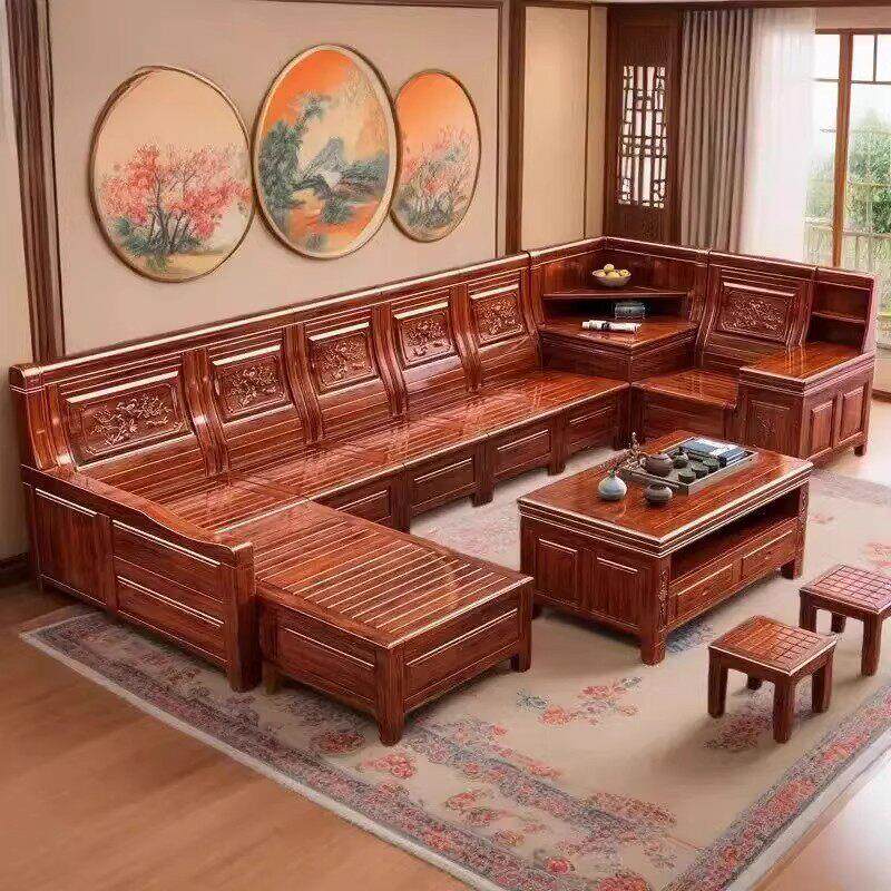 香樟木全实木沙发组合中式冬夏两用转角贵妃雕花储物U型现代客厅