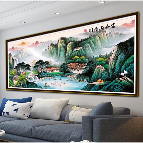 山水画十字绣富春山居图江山如画客厅装饰风景画手工印花刺绣新款
