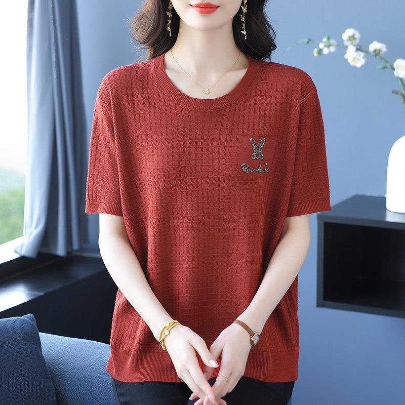胖妈妈夏季桑蚕丝针织衫短袖t恤加肥加大码女装宽松遮肚冰丝上衣