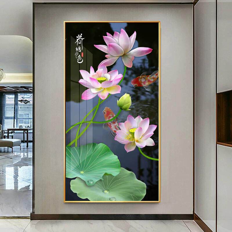 新中式轻奢挂画竖版玄关装饰画荷花鱼图锦鲤鱼壁画走廊过道墙壁画