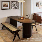 北欧实木餐桌靠椅侘寂风半圆金属餐桌家用小户型民宿多人吃饭桌子