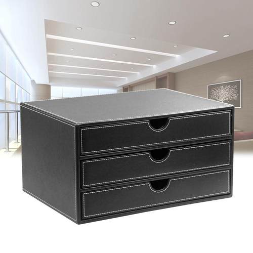 创意皮革文件横三抽办公桌面整理文件坐管理盒资料架多功能收纳盒