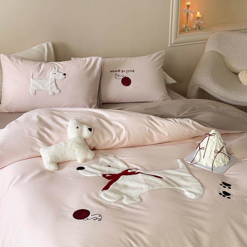 100S高支全棉磨毛四件套女生贴布绣纯棉被套床单加厚保暖床品秋冬
