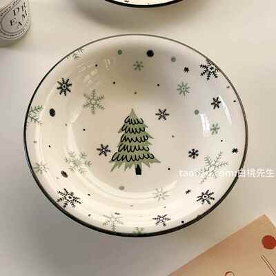 圣诞树泡面碗ins风可爱手绘印花家用陶瓷餐具泡面碗大容量高级感