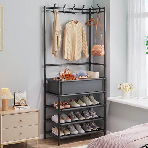 Corner Floor Standing Coat Rack with Shoe Shelf - All-in-One