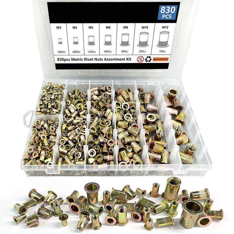 跨境830PCS/盒镀锌碳钢小沉头拉铆螺母公/英制平头竖纹螺母M3-M12