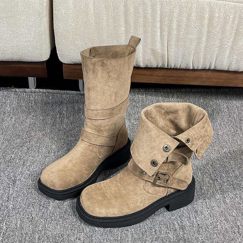 复古西部牛仔靴废土风灰色直筒厚底粗跟短靴中筒高级黑灰马丁靴女
