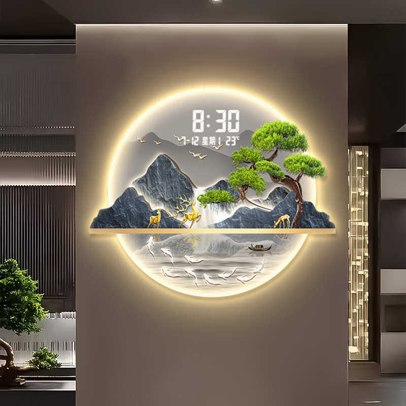 圆形数显钟入户玄关装饰画轻奢2025时钟走廊发光壁画客厅钟表挂画