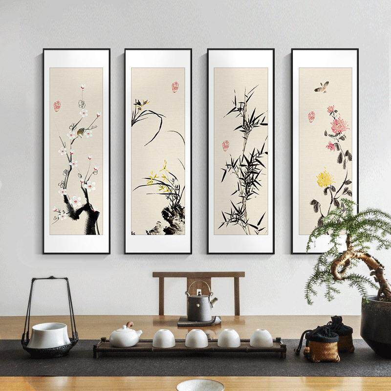 新中式装饰客厅沙发背景书墙画茶室挂画梅兰竹菊房齐白TOJ石画四