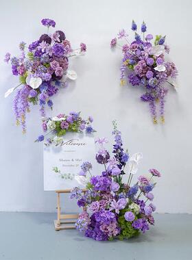 婚礼装饰紫色壁挂花艺板墙面摄影背景布置绢花挂花地排花
