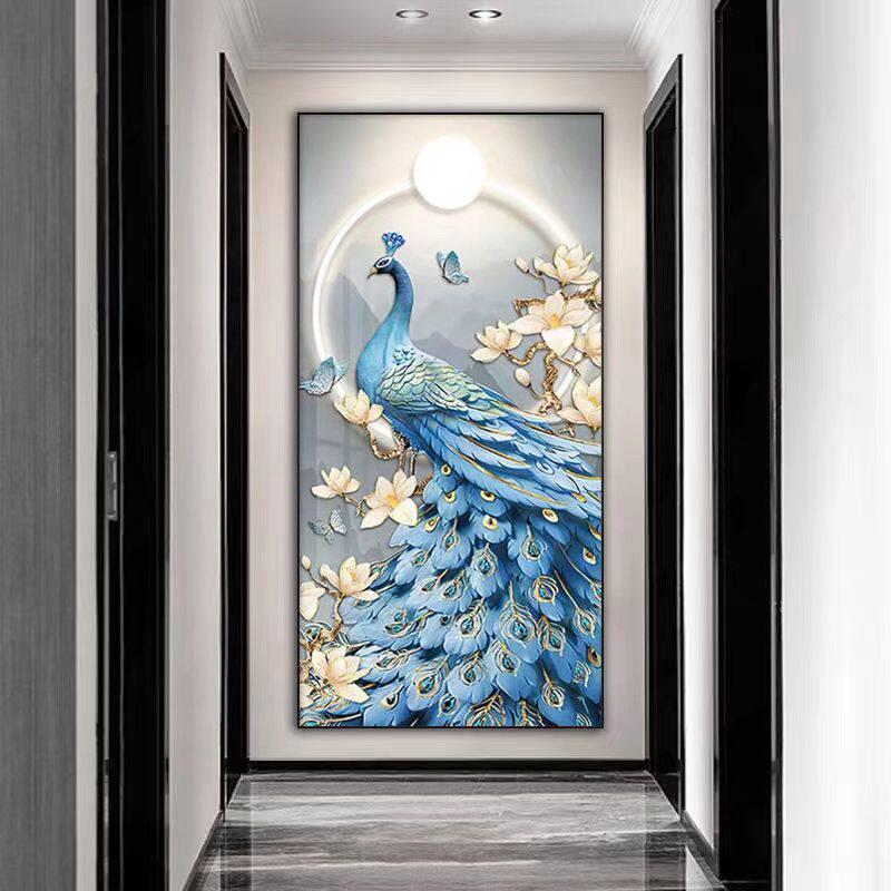 入户玄关装饰画现代简约吉祥孔雀挂画客厅竖版过道走廊背景墙壁画