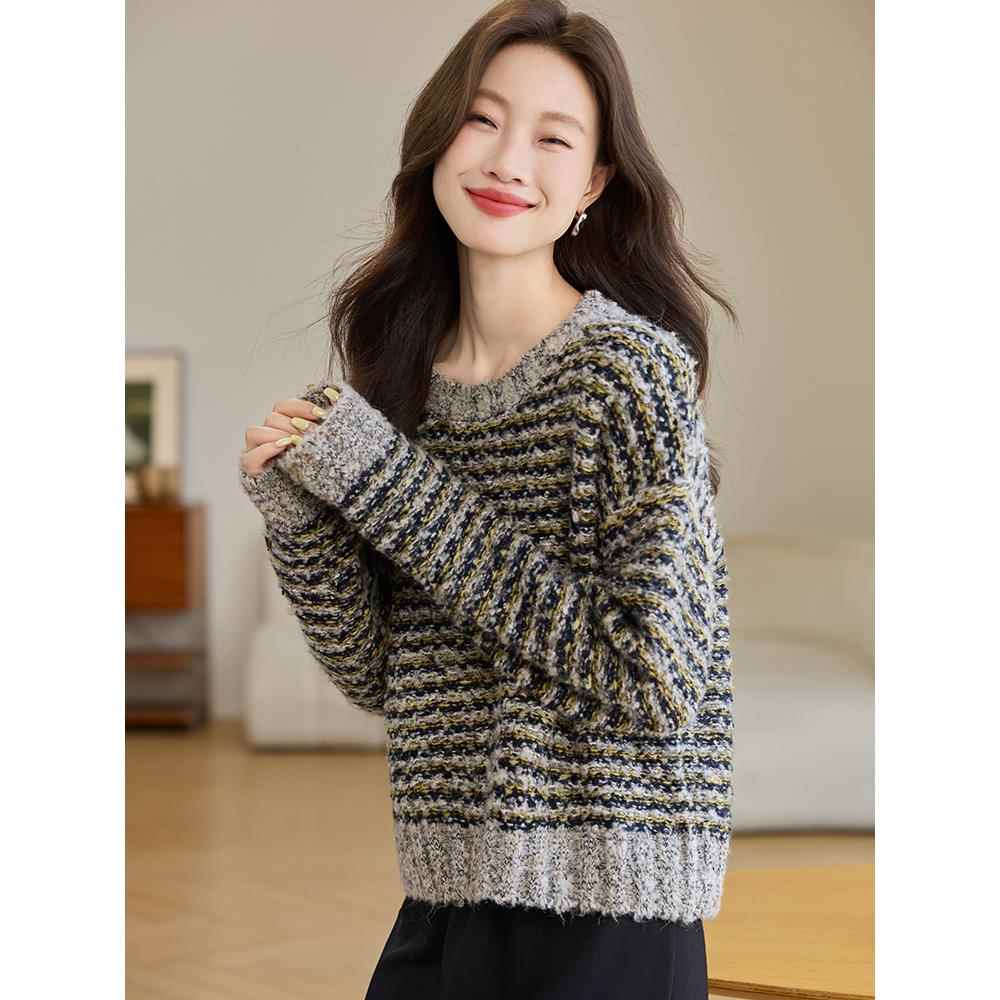 ROUMIKL慵懒风条纹粗线毛衣小个子圆领短款加厚针织衫洋气显瘦内