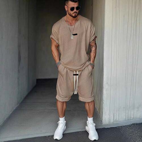 Athleisure Fusion Shirt Shorts Set Street Men Regular Below
