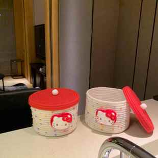 馨帮帮杂货铺原创 可爱猫咪棉绳收纳篮桌面收纳盒带盖子彩点收纳