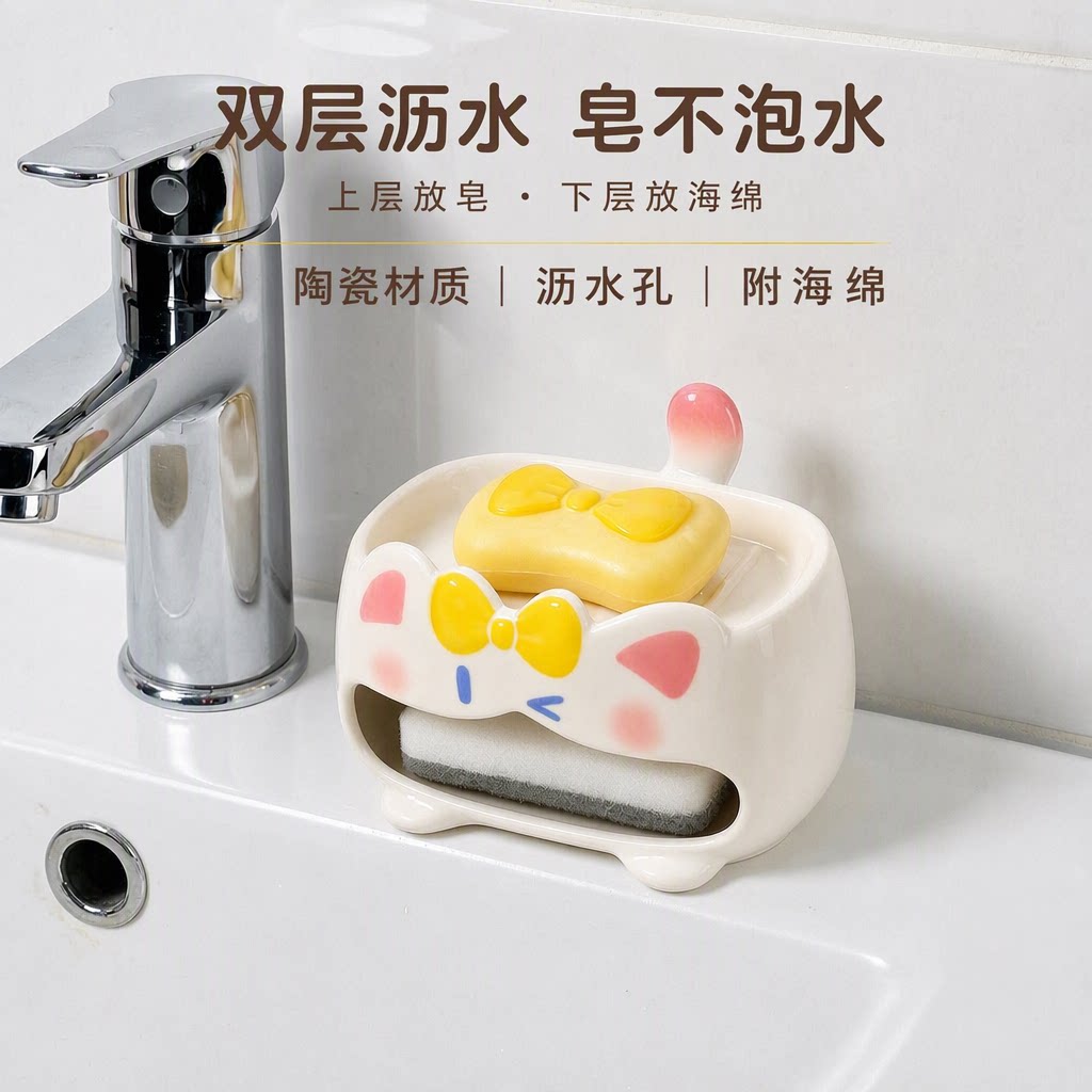 卡通萌猫陶瓷肥皂盒双层沥水香皂盒浴室卫生间台面收纳架带海绵擦