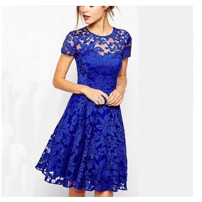 short and fashionable neck blue dress round Temperamental