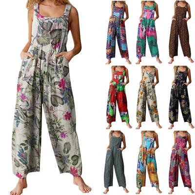 Women Patchwork Double Pocket Jumpsuit Floral Print Bohemian