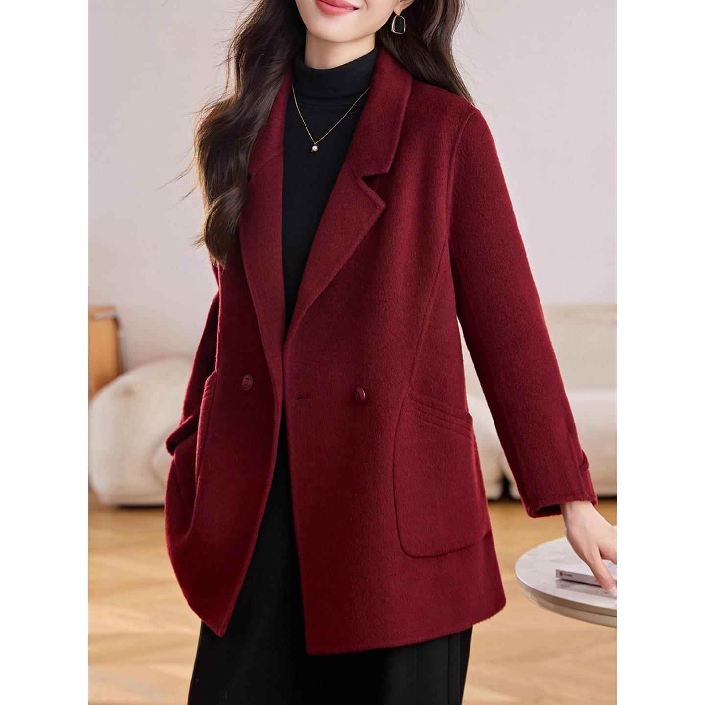 喜婆婆婚宴礼服妈妈西装羊毛呢外套中长款中年红色高端双面绒大衣