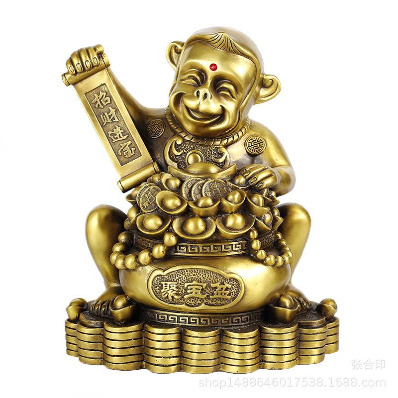 纯铜聚猴子摆件大小号十二生肖猴金钱聚盆家居玄关金属工艺品
