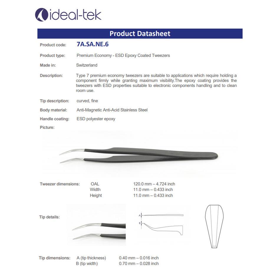 ideal-tek镊子7A.SA.NE 微电子组装镊子 环氧树脂弯头防静电镊子