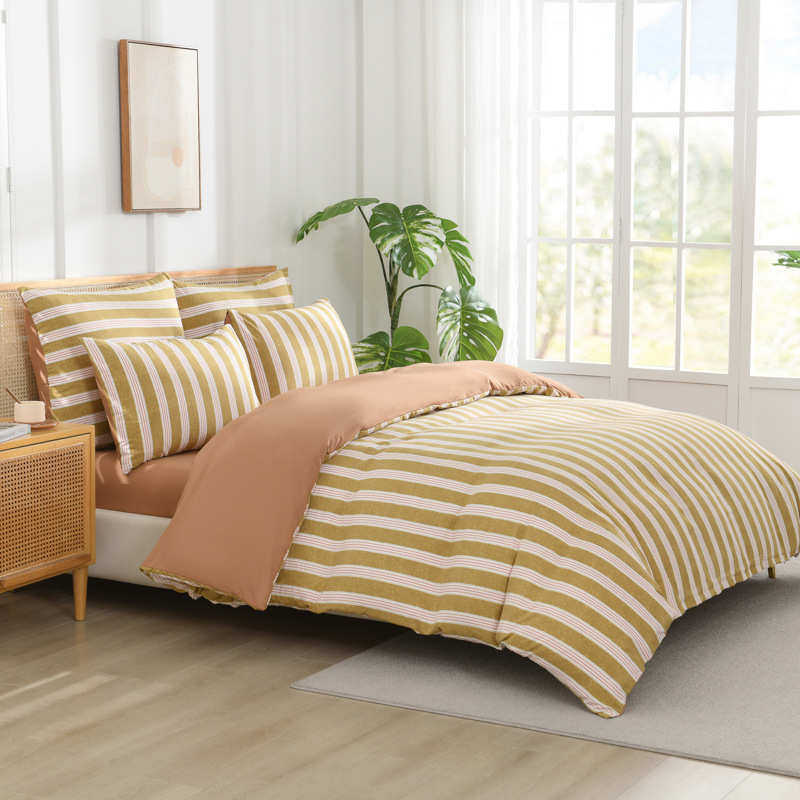 厂家简约条纹柔软水洗棉床上三件套外贸单人床单被套床品四件套