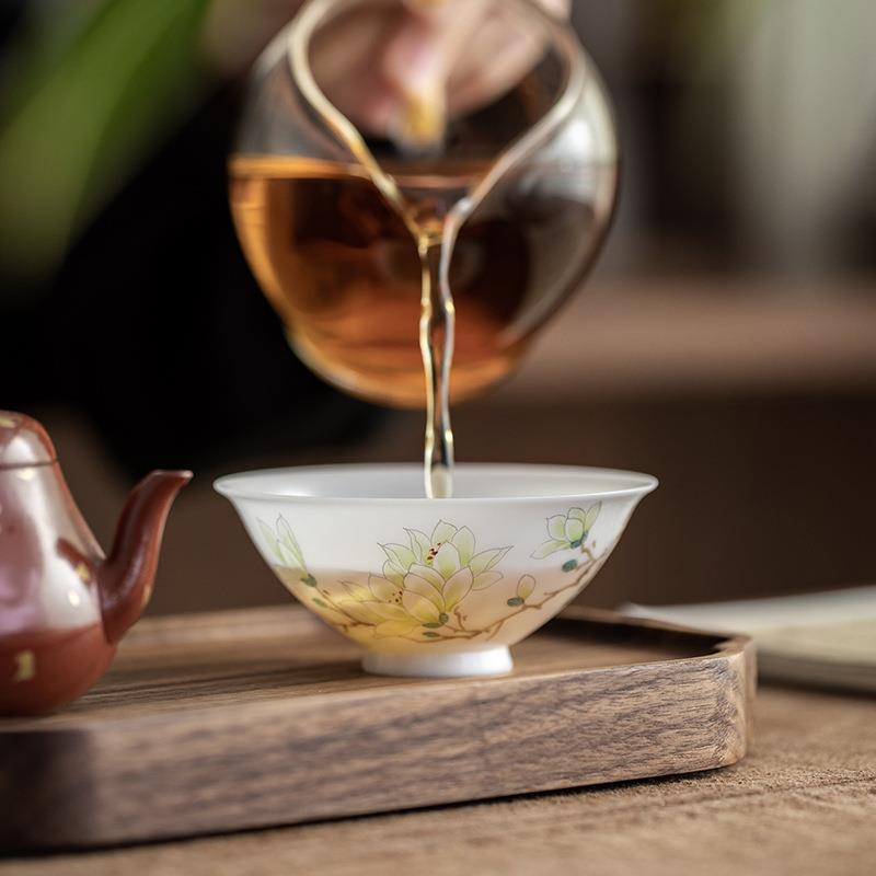 白皙玉泥手绘主人杯白瓷蝴蝶花卉斗笠杯薄胎茶杯家用办公室品茗杯