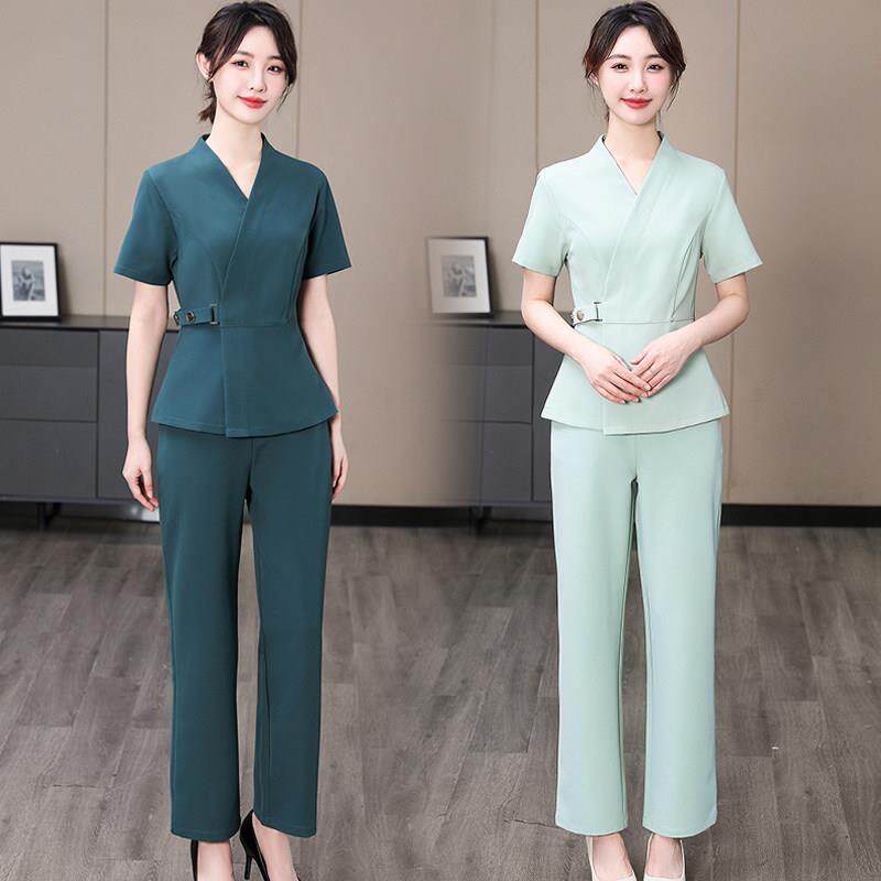 韩式美容师工作服女养生会所皮肤管理美容院夏薄款短袖套装绣logo