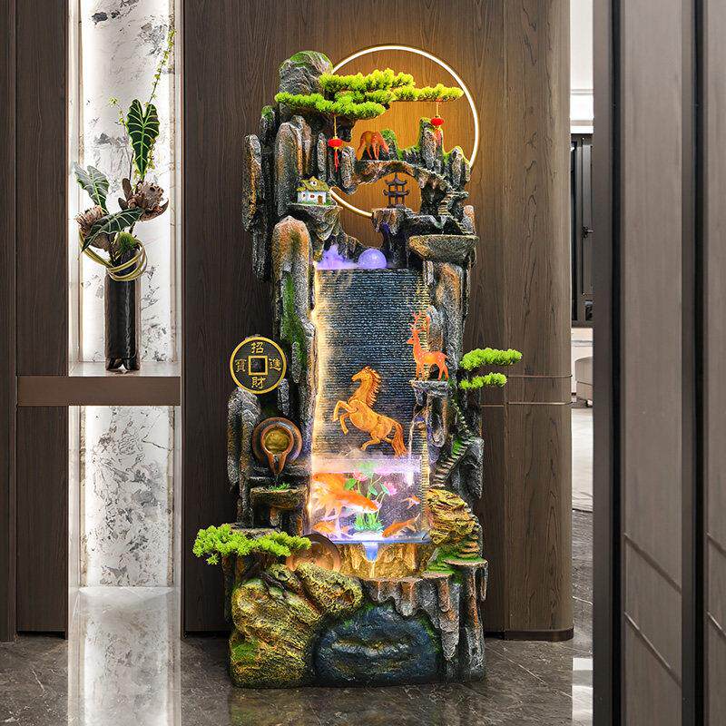新中式假山流水生财摆件客厅招财水幕墙造景商铺开业办公室内景观