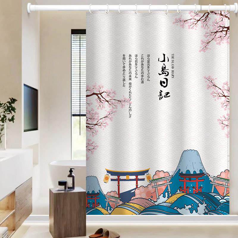 日式浴帘套装免打孔浴室加厚防霉高档隔断挂帘化妆室防水布磁吸帘