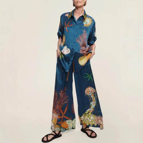 Cotton and linen printed short sleeved shirt set