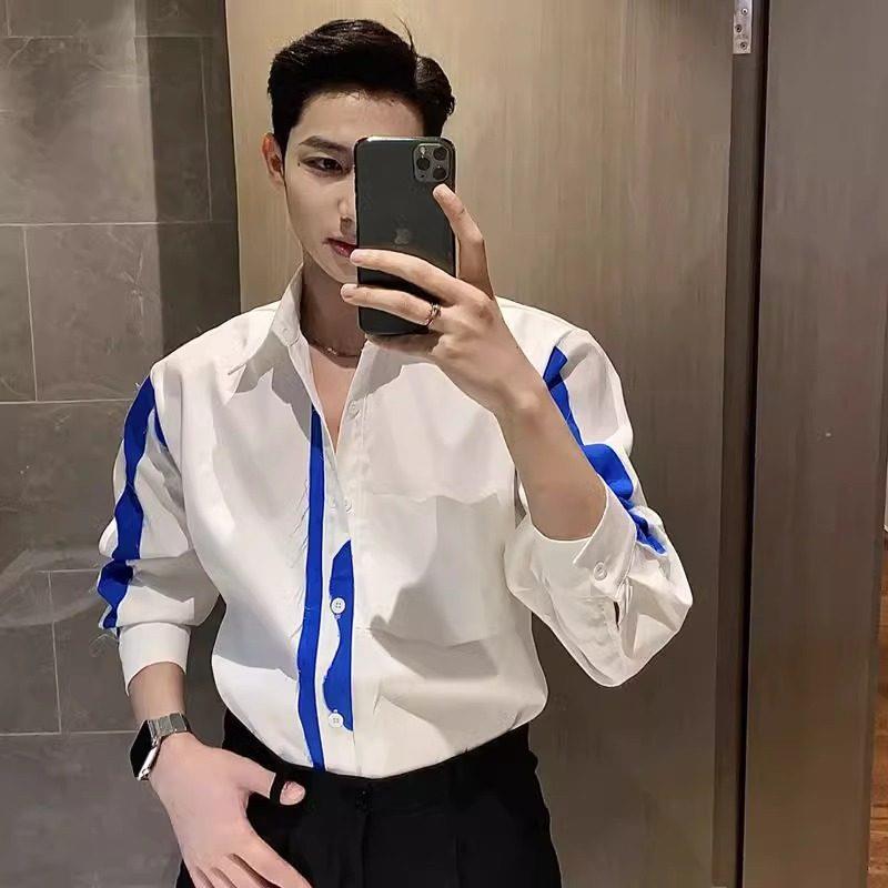 LL男装衬衫男长袖休闲2026先新款拼接韩版不规则春秋撞色衬衣毛边