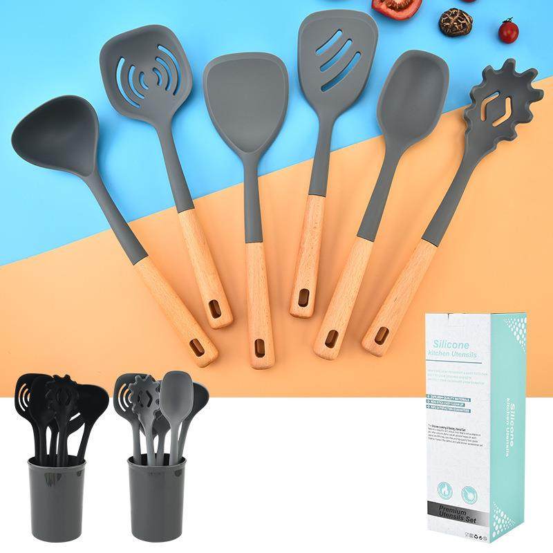 跨境木柄硅胶厨具套装不粘锅烹饪铲勺6件套厨房炒菜铲子漏铲漏勺,厨房/烹饪用具,锅铲,淘宝优惠券,粉丝福利购,淘宝优惠卷