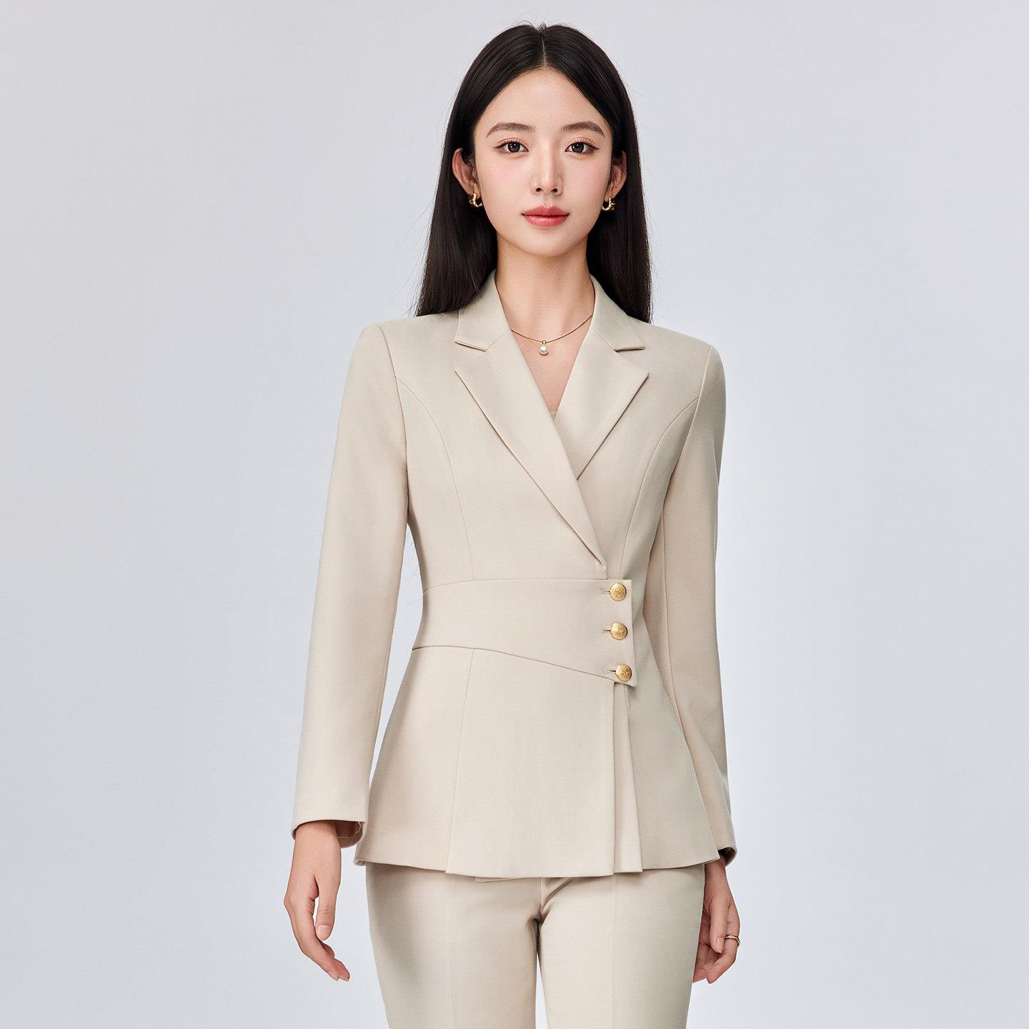 高级感杏色西装套装女美容珠宝工作服职业装高管经理前台正装西服