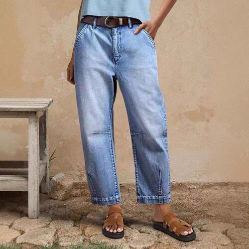Women Waisted Jeans Casual Baggy Straight Leg Pants Bottoms