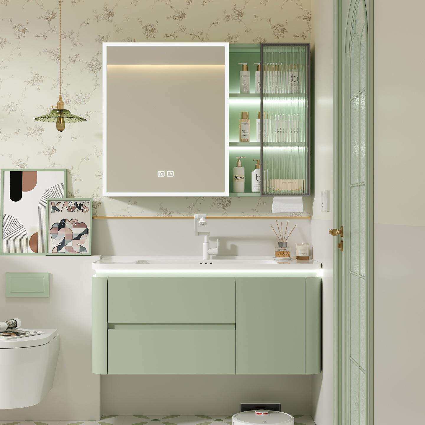 出口跨境多巴胺抹茶绿蜂窝铝浴室柜组合智能风水陶瓷一体盆洗漱台