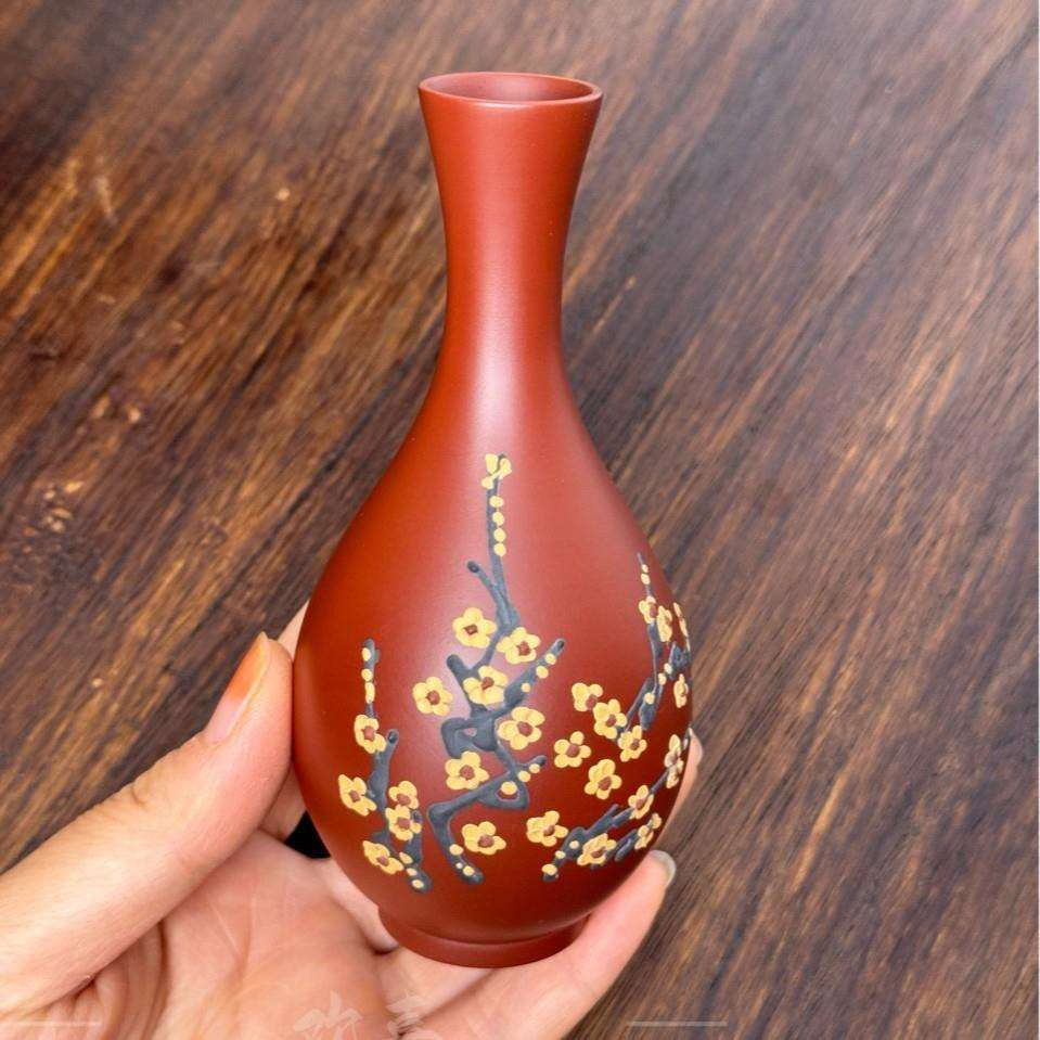 宜兴紫砂朱泥荷花小花瓶 手工泥绘花瓶 桌面摆件中式禅意
