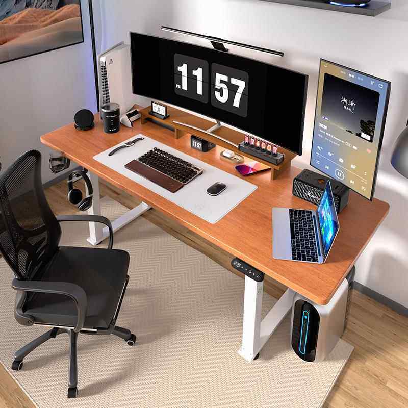 电动升降桌双电机实木电脑桌智能双人四立柱办公桌腿桌架