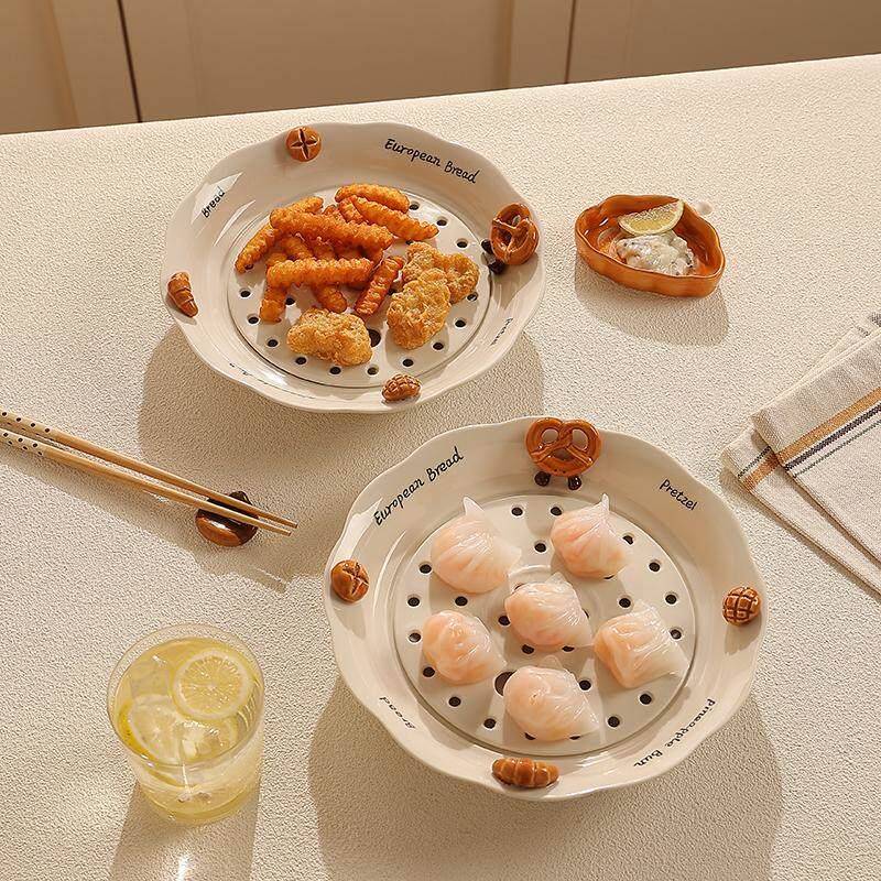 新双款水饺沥水盘家用吃水饺盘子创意瓷蒸盘盘层高级感水HKS陶果