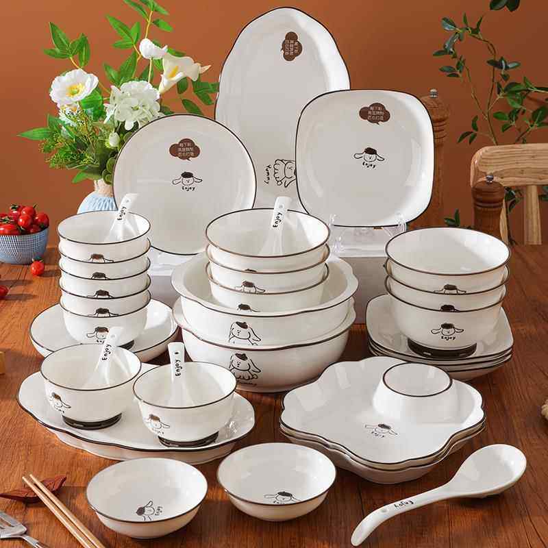 简约盘子家用菜盘松昌陶瓷碗盘高级感碟子碗卡通单个碗碟组合餐具,餐饮具,餐具瓷器套装,淘宝优惠券,粉丝福利购,淘宝优惠卷