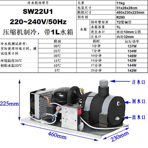SW22U1小型冷水机组220VR290美容仪水冷激光冷水机组小型压缩机组