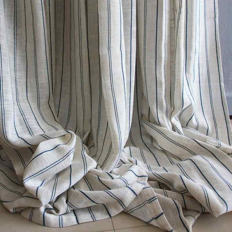 外贸条纹涤麻亚麻北欧窗帘成品隔断布料可定制挂钩款卧室阳台落地
