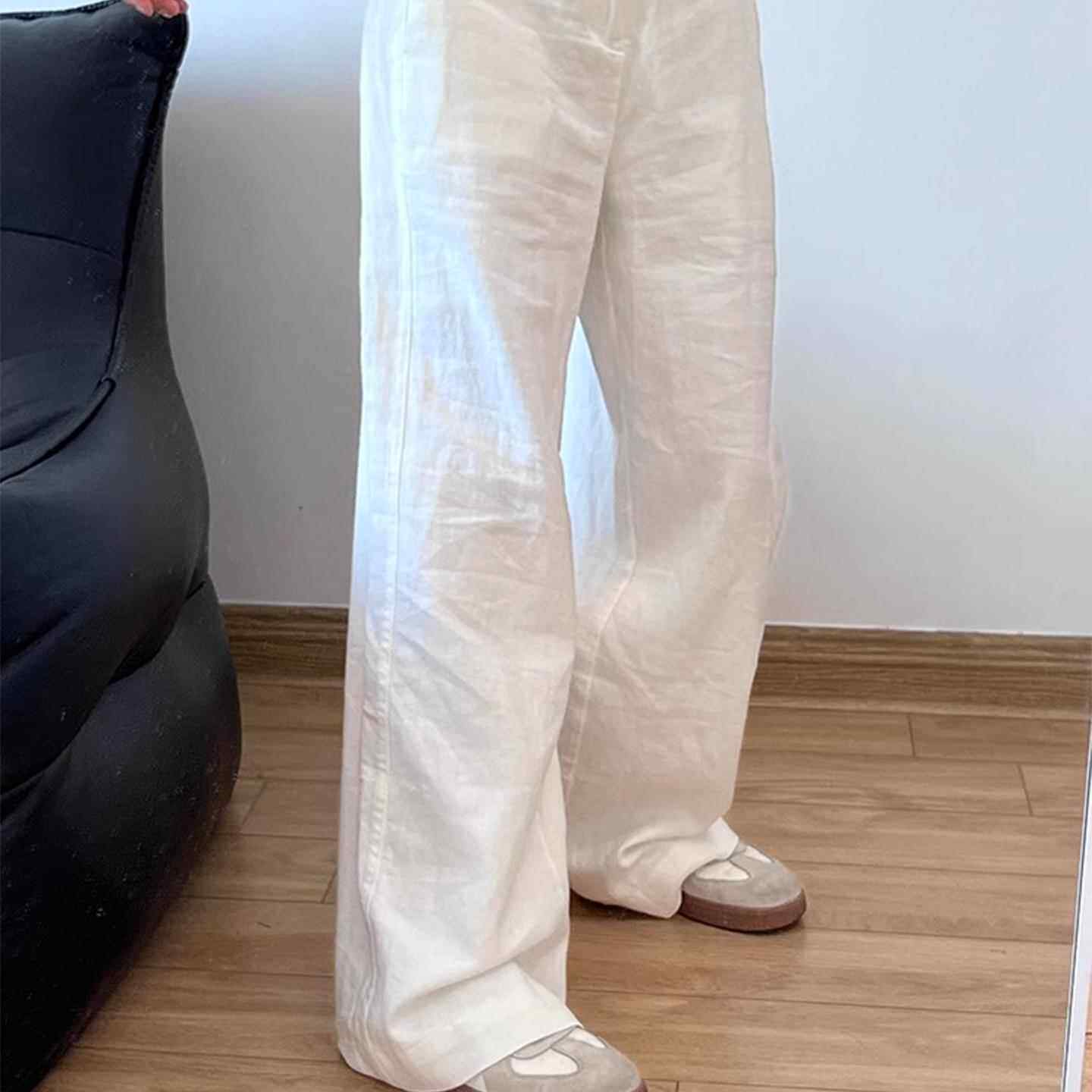tach damas白色棉麻宽裤女夏极简通勤百搭休闲 高腰显瘦直筒长裤